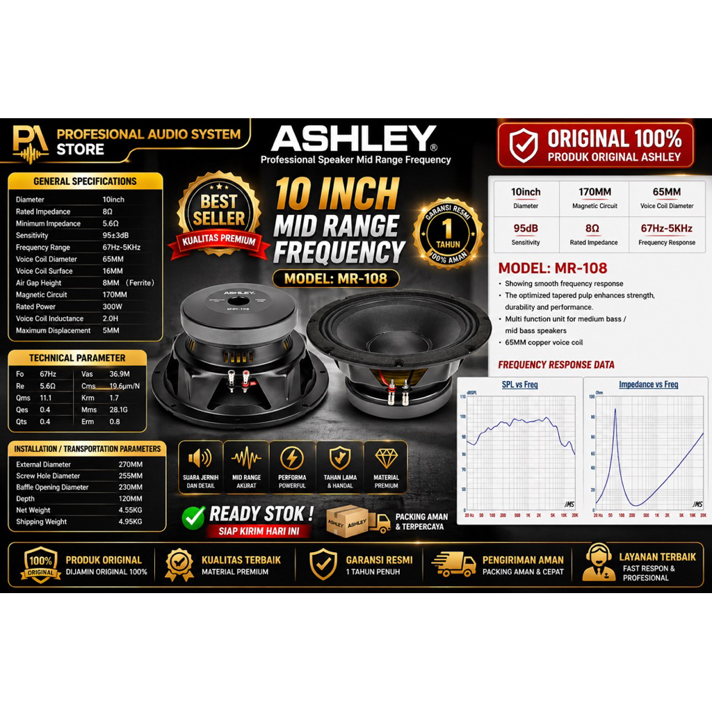 SPEAKER KOMPONEN ASHLEY 10INCH SPESIAL MIDDLE MR-108 MR108 MR 108 ORIGINAL ASHLEY