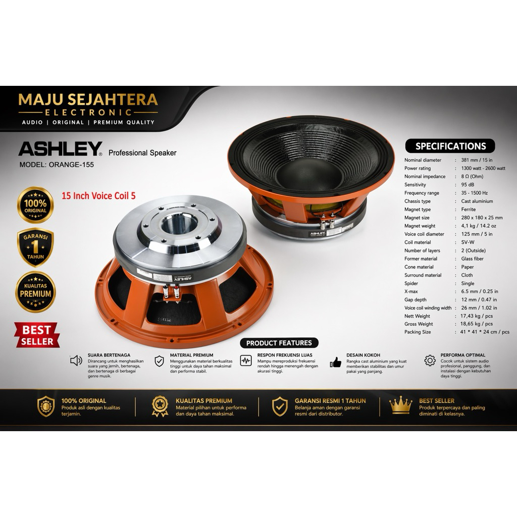 SPEAKER KOMPONEN ASHLEY WOOFER 15 INCH COIL 5 INCH ORANGE-155 ORANGE155 ORANGE 155 ORIGINAL ASHLEY