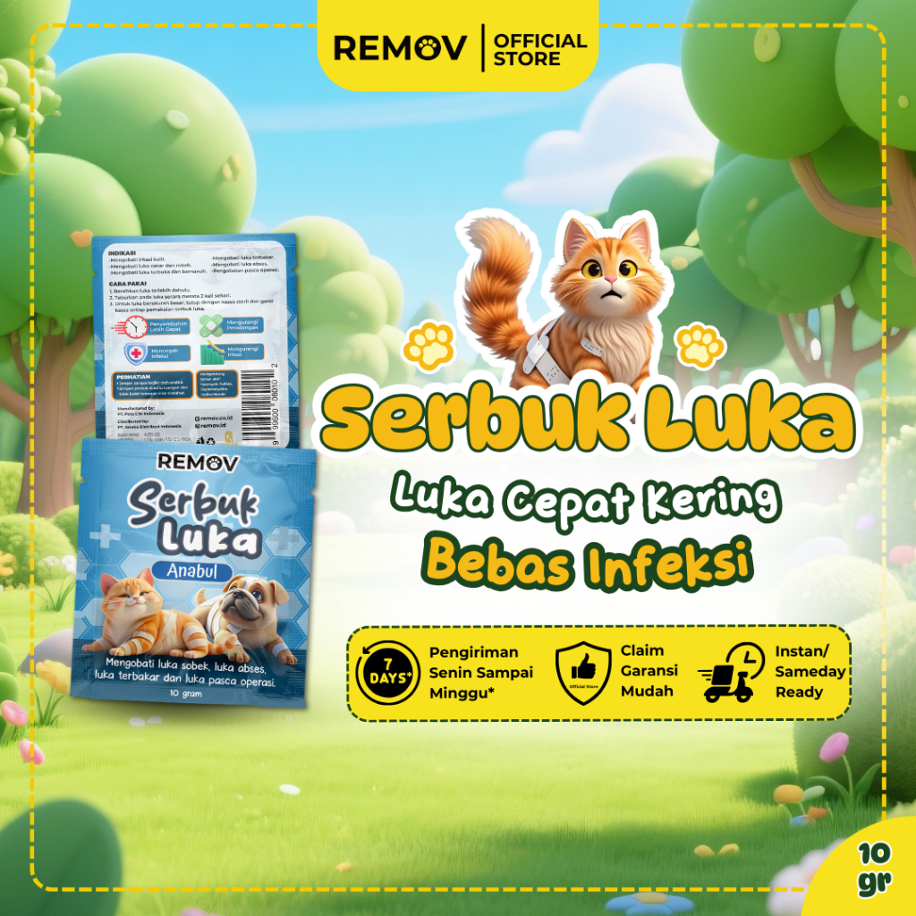 Remov Serbuk Obat Luka Luar Cakar Bernanah Pasca Operasi Antiseptik Antibiotik Kucing Anjing 10gr
