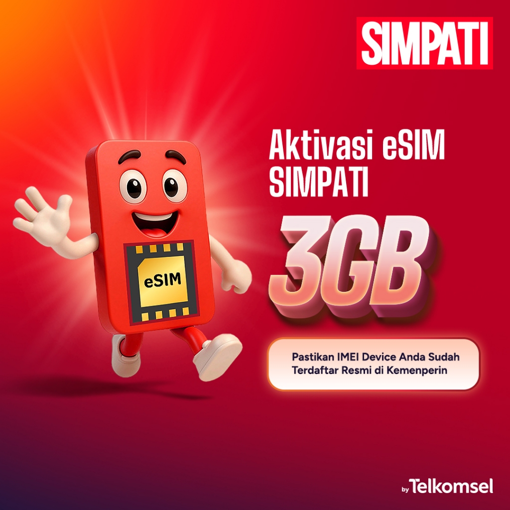 Perdana eSIM SIMPATI #TerbaikUntukmu PraBayar Telkomsel - Bulanan 30 Hari 3GB Kuota Nasional