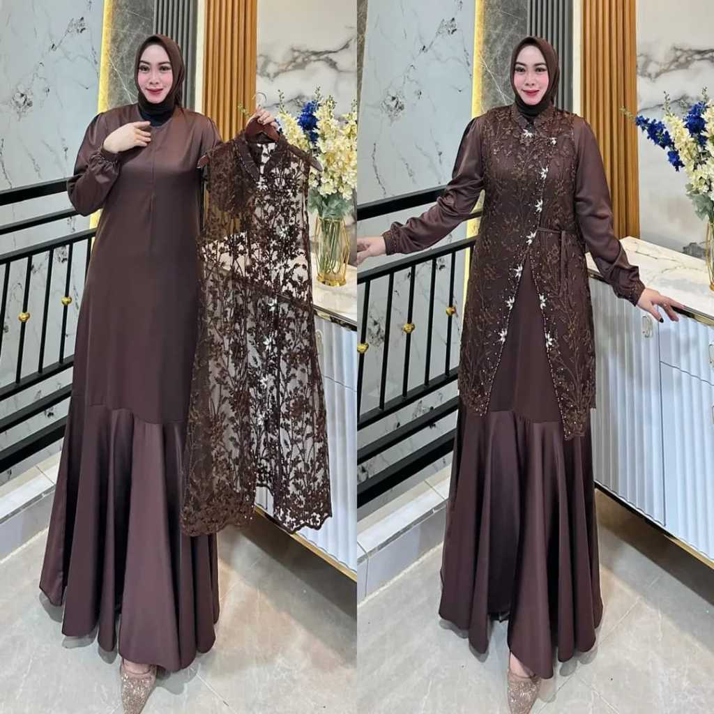 Gamis Brokat Kondangan Wanita Remaja  Model Terbaru Bahann Satin Mix Brukat Ukuran Jumbo