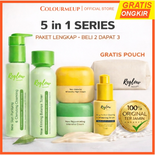 Reglow Skincare 5 in 1 Series Paket Bundle Dan Pouch Mencerahkan Wajah Glowing