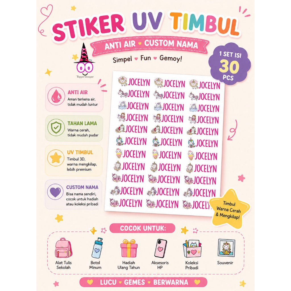 Stiker Karakter Label Nama waterproof UV DTF timbul | anti air sticker alat tulis sticker nama botol