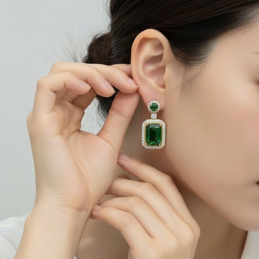 Anting Titanium Wanita Batu Hijau- Anting Wanita Model Batu Hijau Persegi Klasik