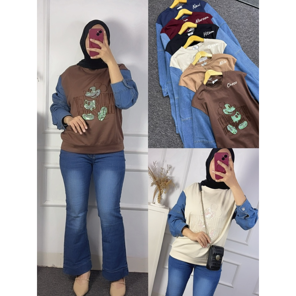 Blouse Import Kaos Mix Jeans | Atasan Kaos Import Wanita