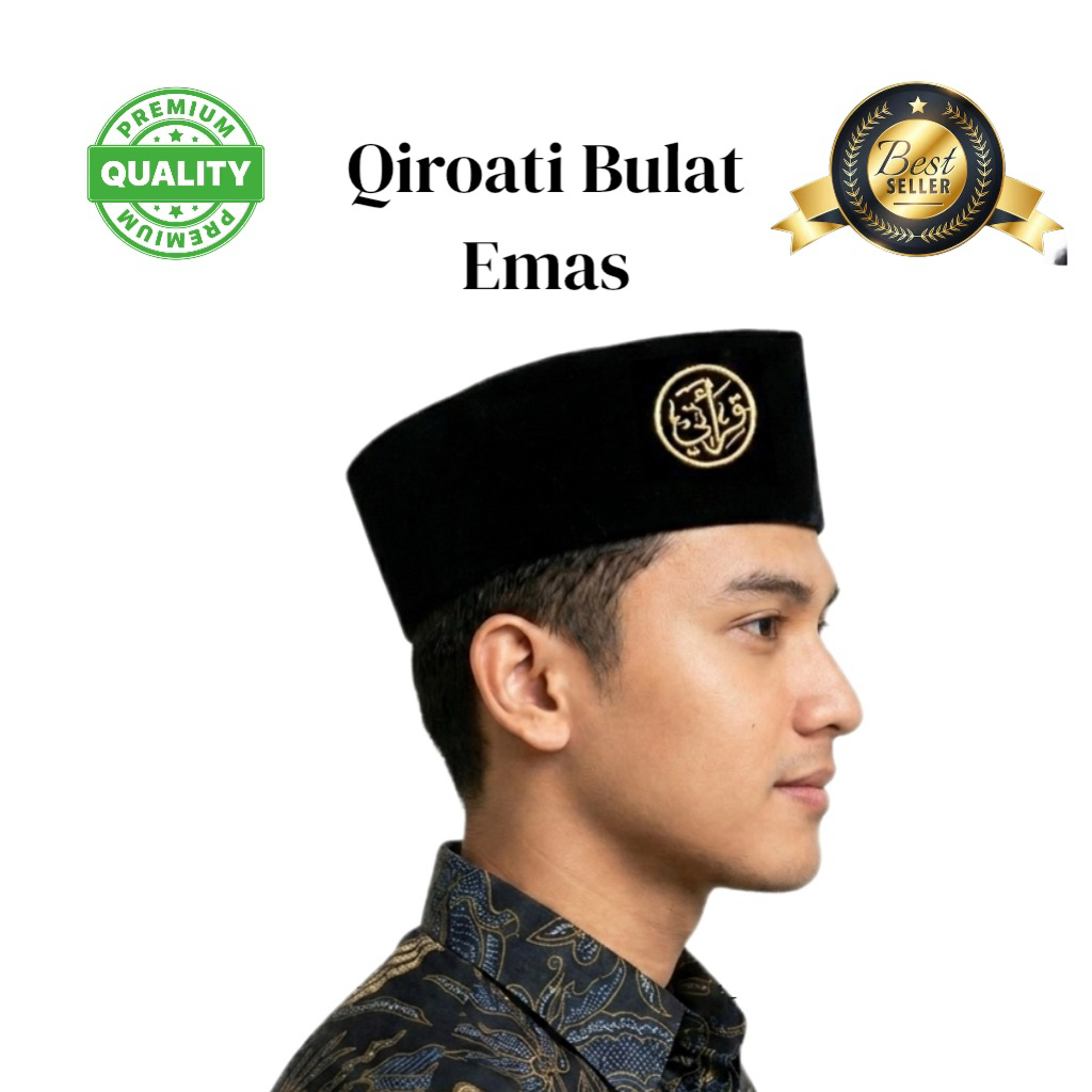 PECI KOPIAH SONGKOK Bahan Bludru Logo Qiroati Bulat Emas untuk Pria Dewasa/Anak