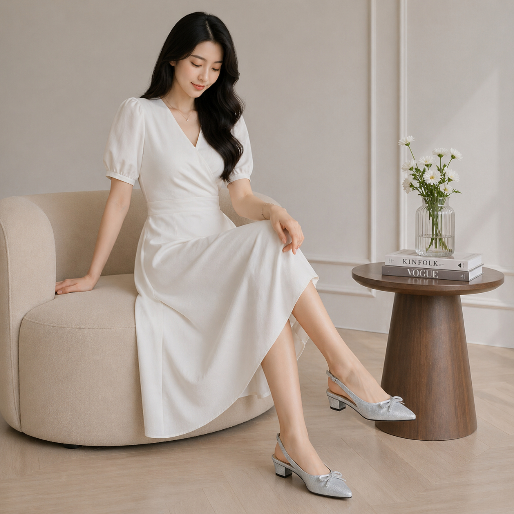 Sepatu Wanita Slingback Silver Elegan Bow Pesta – Hak Pendek Cantik Fashion