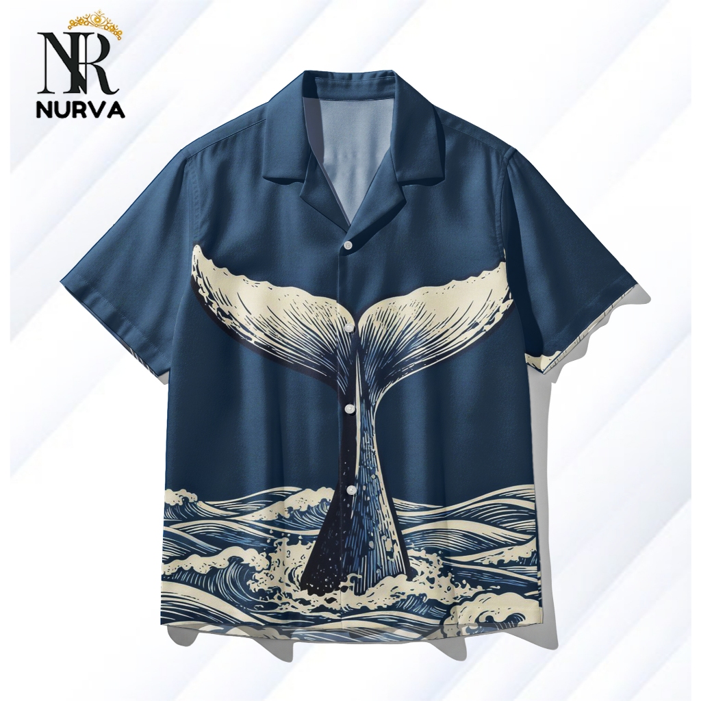 NURVA Kemeja Full Print Motif Ombak Laut Paus Biru Whale Tail Sea Pastel Summer – Fashion Kekinian K