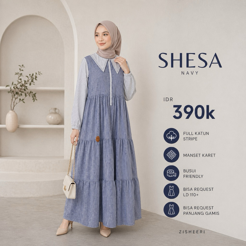 ZISHEERI SHESA NAVY Gamis Daily Katun Stripe Fashion Wanita Muslim Dress
