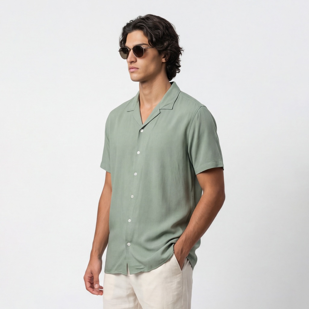 VENGOZ Kemeja Pria Pendek Polos Viscose Cuban Shirt - Light Sage Green