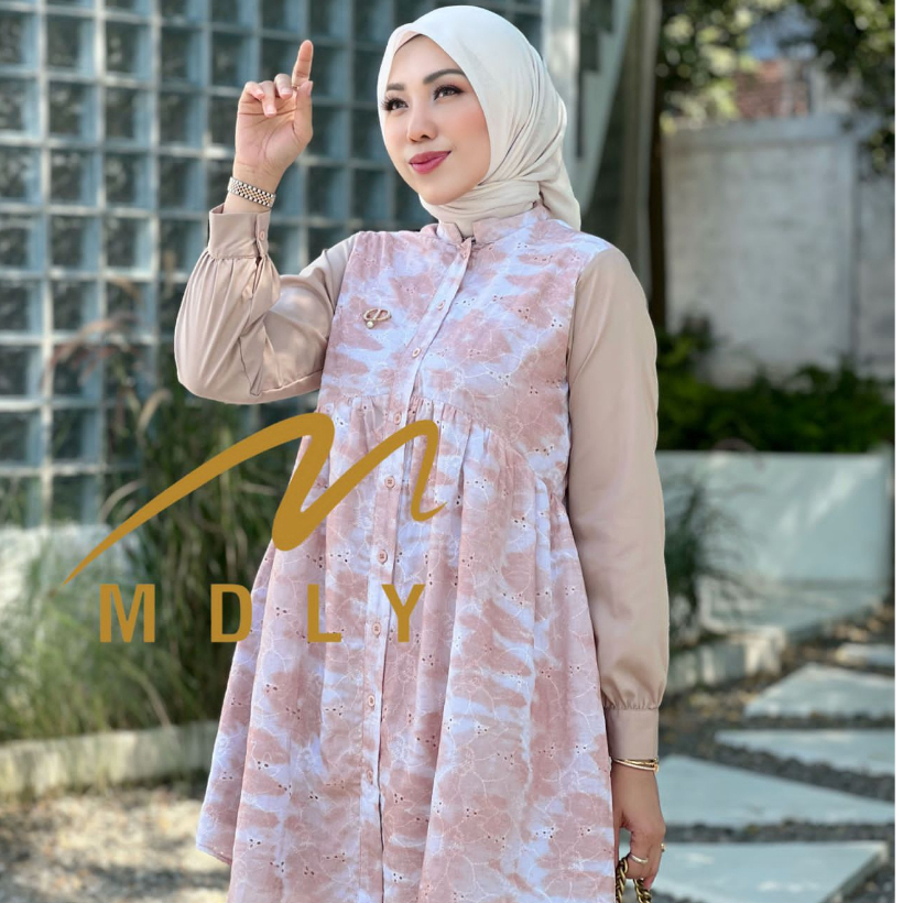 MDLY Helua Tunik atasan Wanita kantor bahan katun bordir Lengan Panjang Motif abstrak casual promo