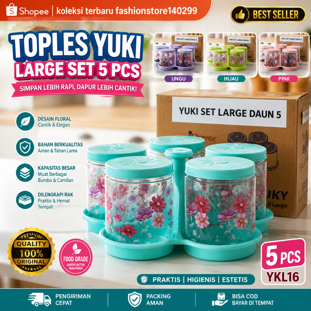 Yuki Toples Set / Toples Kue Kering Lebaran / Toples Set 5 Large / Yuki Set 5 Large 1.100ml / NAMPAN