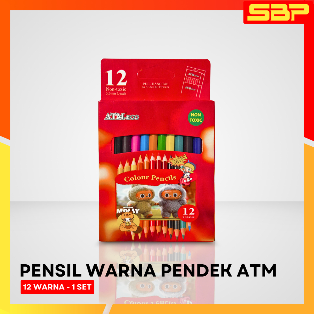 Pensil Warna Pendek ATM 12 Warna - 3.0mm Anti Patah, Non-Toxic & Kemasan Laci Tarik Praktis