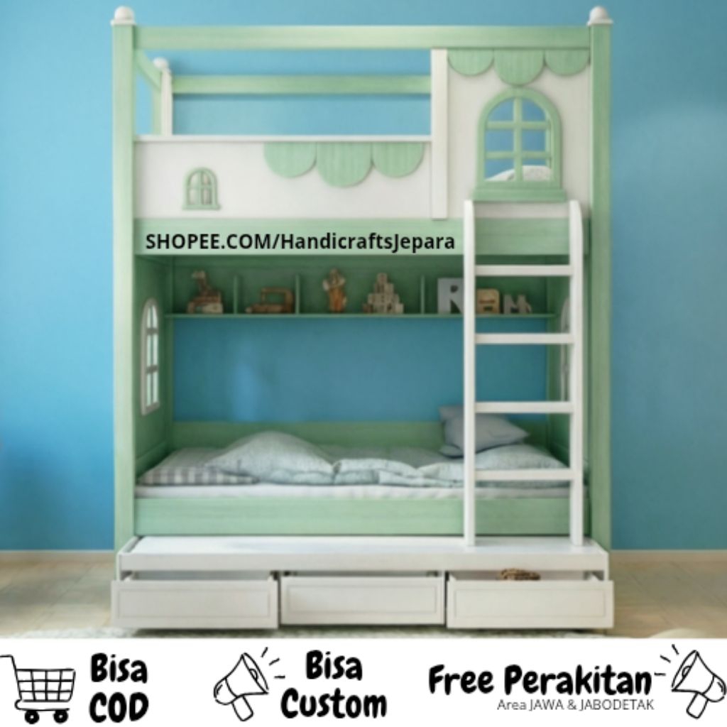 Tempat Tidur Anak Perempuan 3 Tingkat Kayu Solid Kamar Sempit