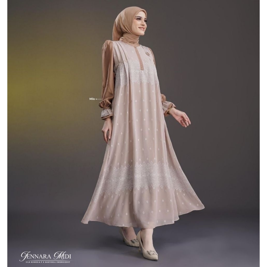 Jennara Midi Dress ORI by Nadheera Luxury | Gamis Midi Babydoll Embroidery Premium X Silk Roberia Pr