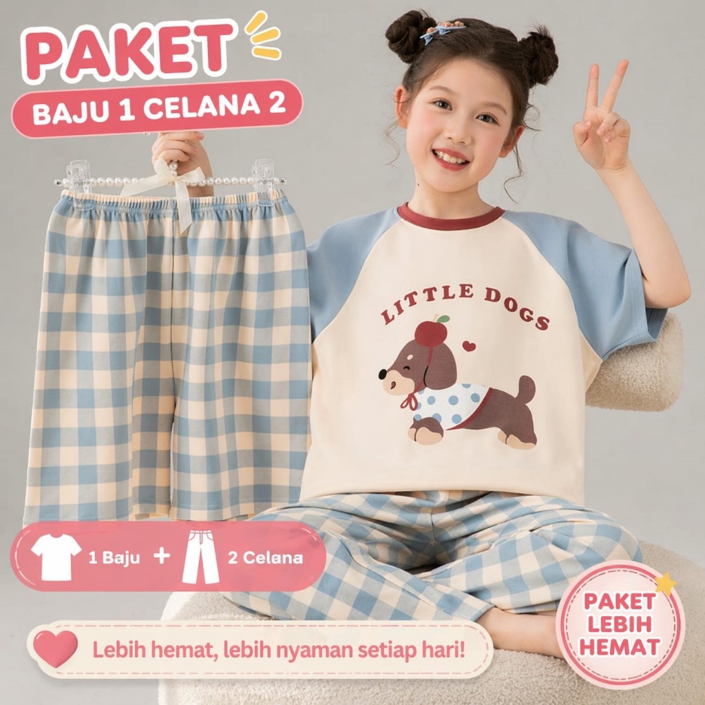stelan anak 3in 1 baju lengan pendek celana panjang+pendek kimono motif terbaru lucu litle dog