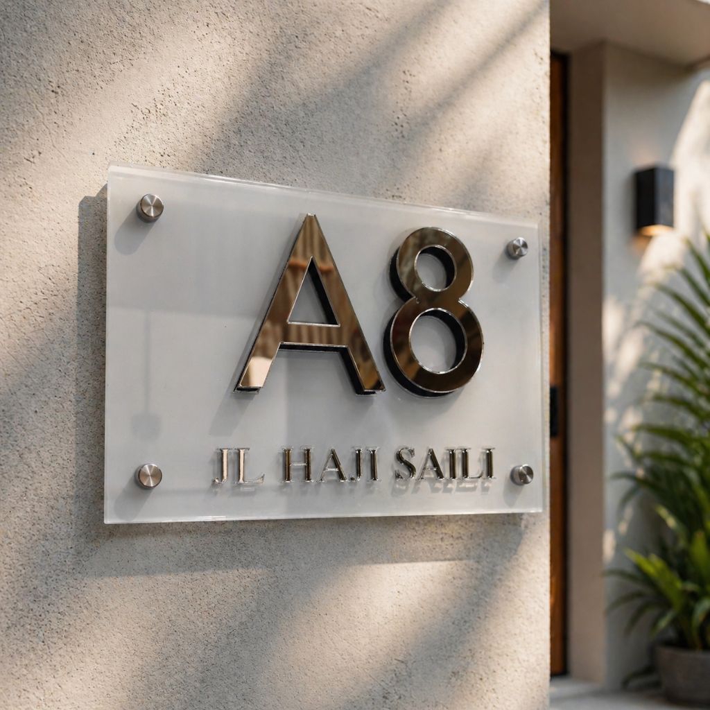 Nomor Rumah Akrilik 3D Custom 30x20 cm | Huruf Timbul Silver Mirror | Minimalis Elegan + Baut Stainl