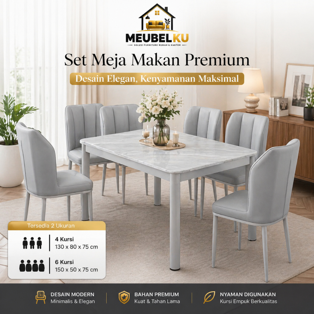 NEW DT MATTO IMPORTA Meja Makan Minimalis Modern 4 Kursi 6 Kursi Top Marmer Sintetis Kursi Jok Empuk