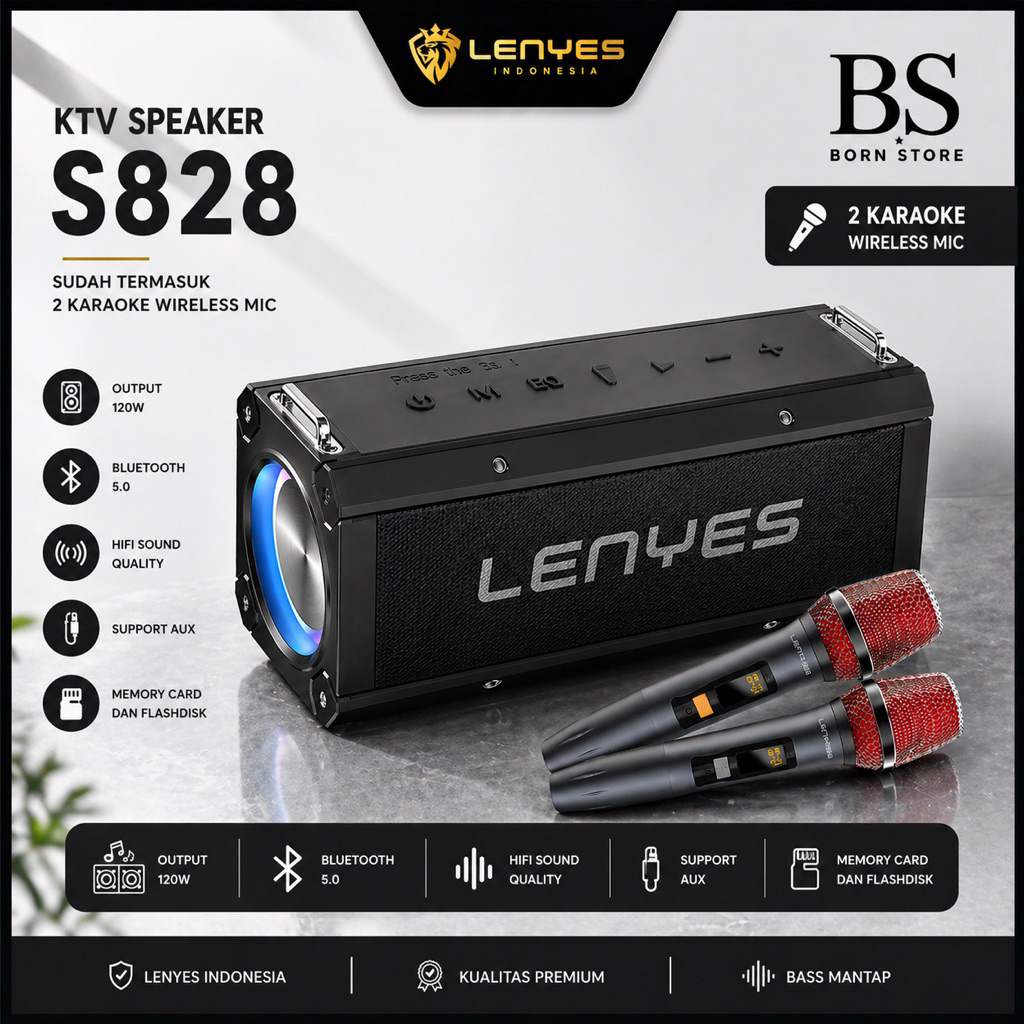 LENYES S828 120W Portable KTV Wireless Speaker + Microphone Karaoke Bluetooth 5.0 Heavy Bass TWS