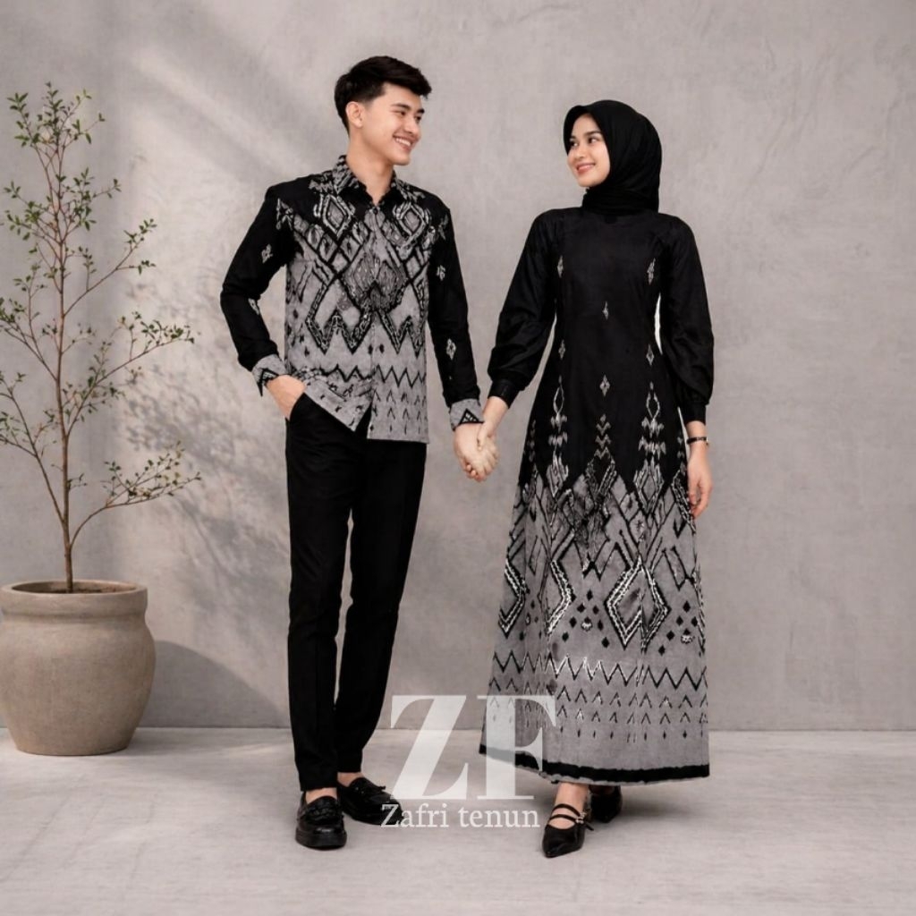 Baju Tenun Couple Dress Belvia Hitam Couple Pasangan Baju Kondangan Tenun Batik Couple Lebaran