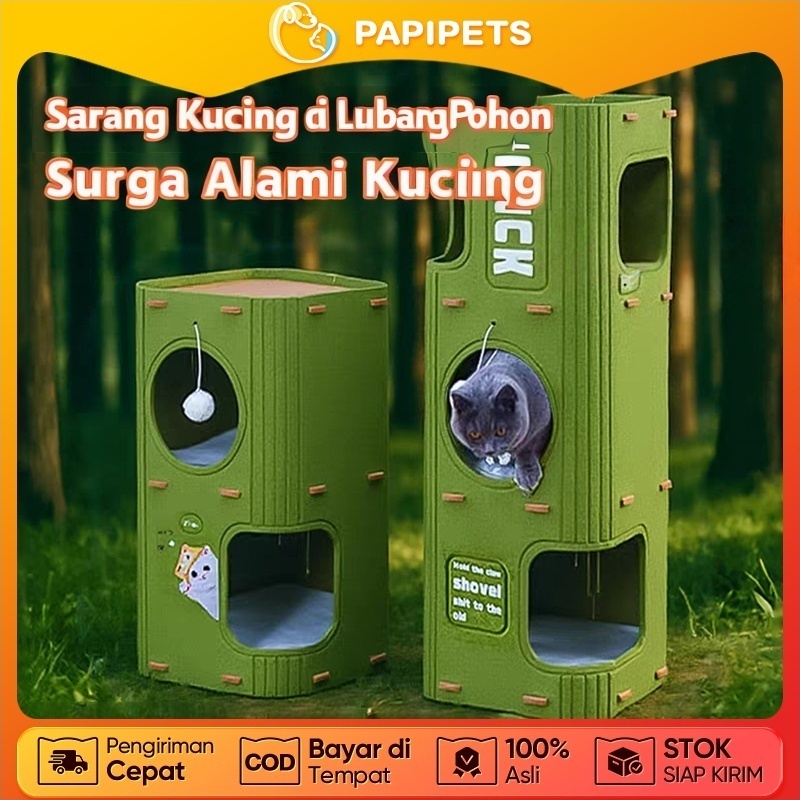 PAPIPETS Rumah Kucing Besar Garukan Kucing Kardus Tempat Tidur Mainan Kucing Tingkat Terowongan