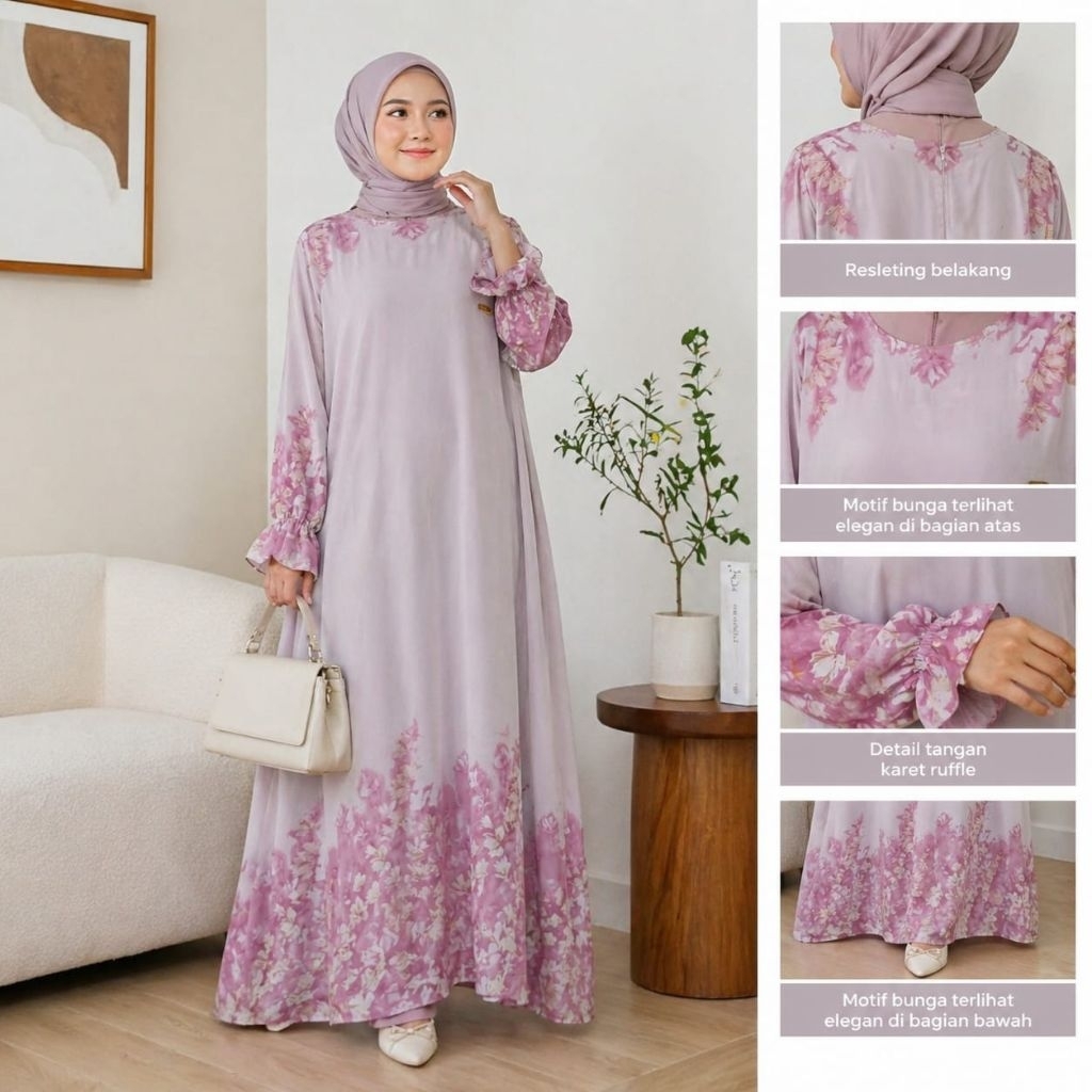 Serena Gamis Wanita Motif Bunga Dusty Pink Elegan Dress Muslim Simple