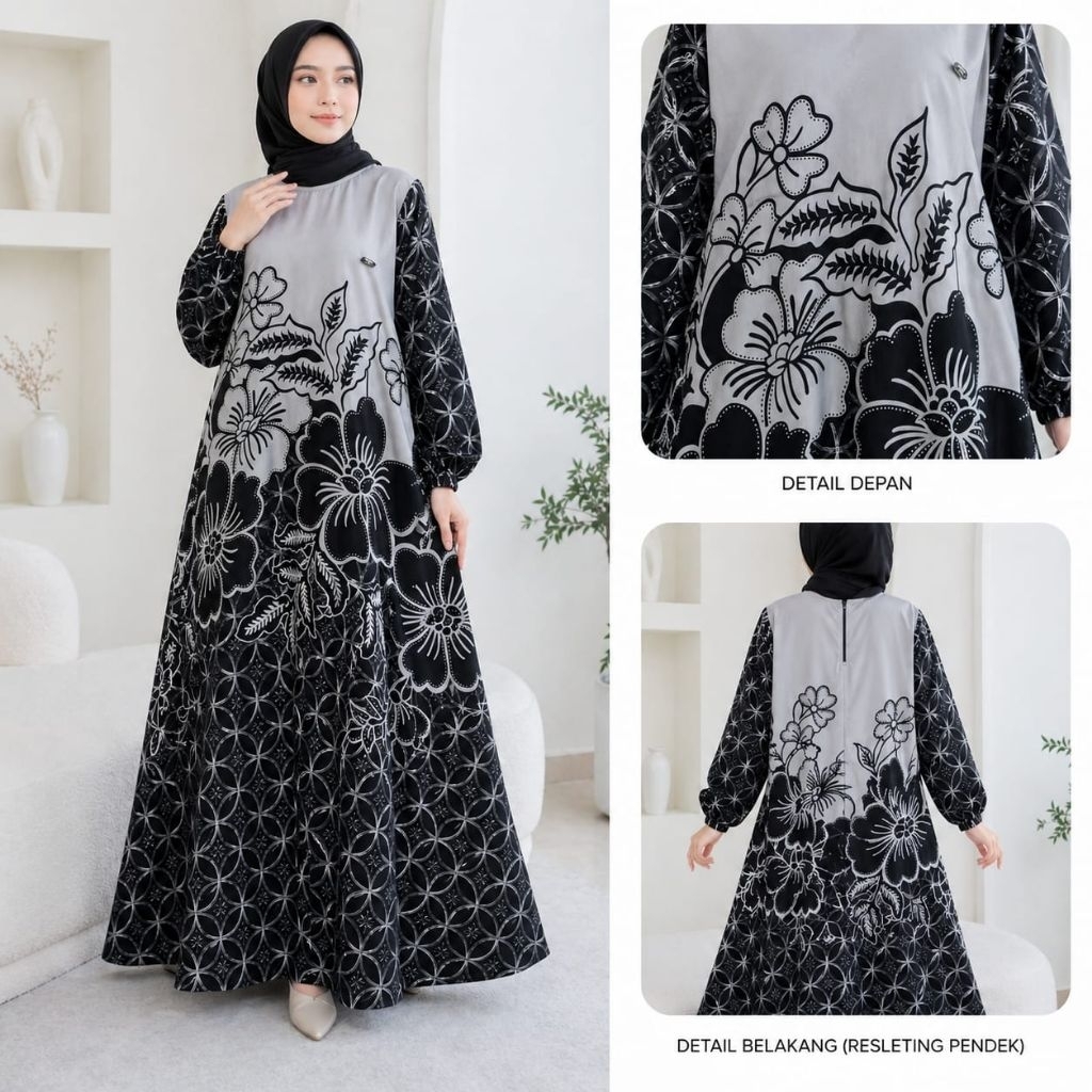 Eudora Gamis Wanita Motif Bunga Hitam Abu Elegan Dress Muslim Resleting Belakang