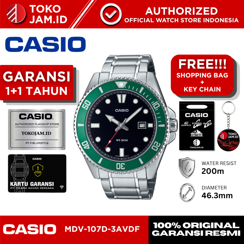 Jam Tangan Pria Casio MDV-107D-3AVDF Original Analog Diver Green Stainless Steel 200M Water Resistan
