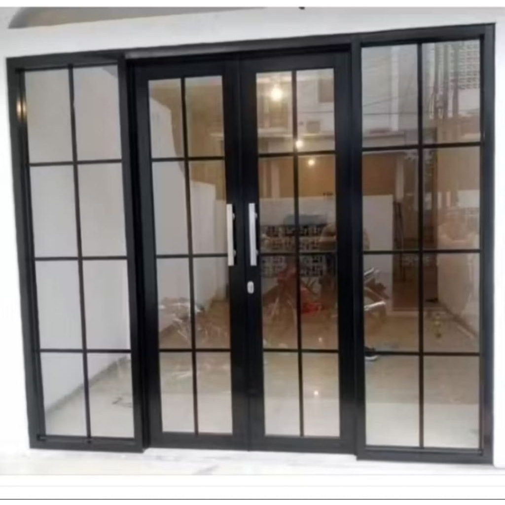 KUSEN ALUMUNIUM 3INE PINTU SLEDING+KUSEN JENDELA KACA MATI KANAN KIRI ORNAMEN UKURAN T210×L210cm (BI