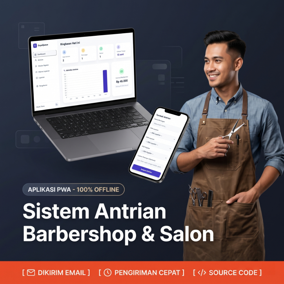 Source Code Aplikasi Antrian Barbershop Salon Offline PWA Web App HTML JS Tanpa Hosting