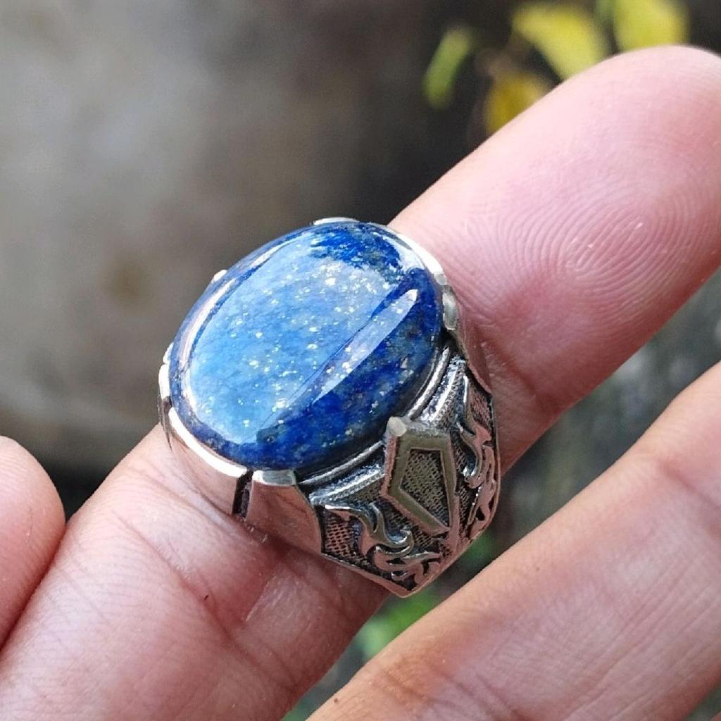 Batu Cincin Blue Lapis Lazuli Ring Anti Karat Serat Emas Natural stone