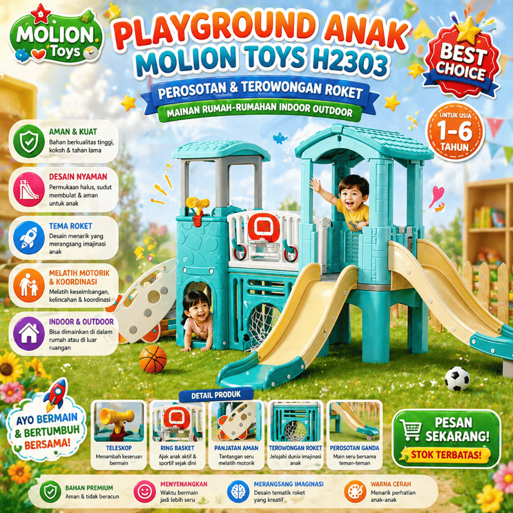 Playground Anak MOLION TOYS H2303 – Perosotan & Terowongan Roket Mainan Rumah-Rumahan Indoor Outdoor