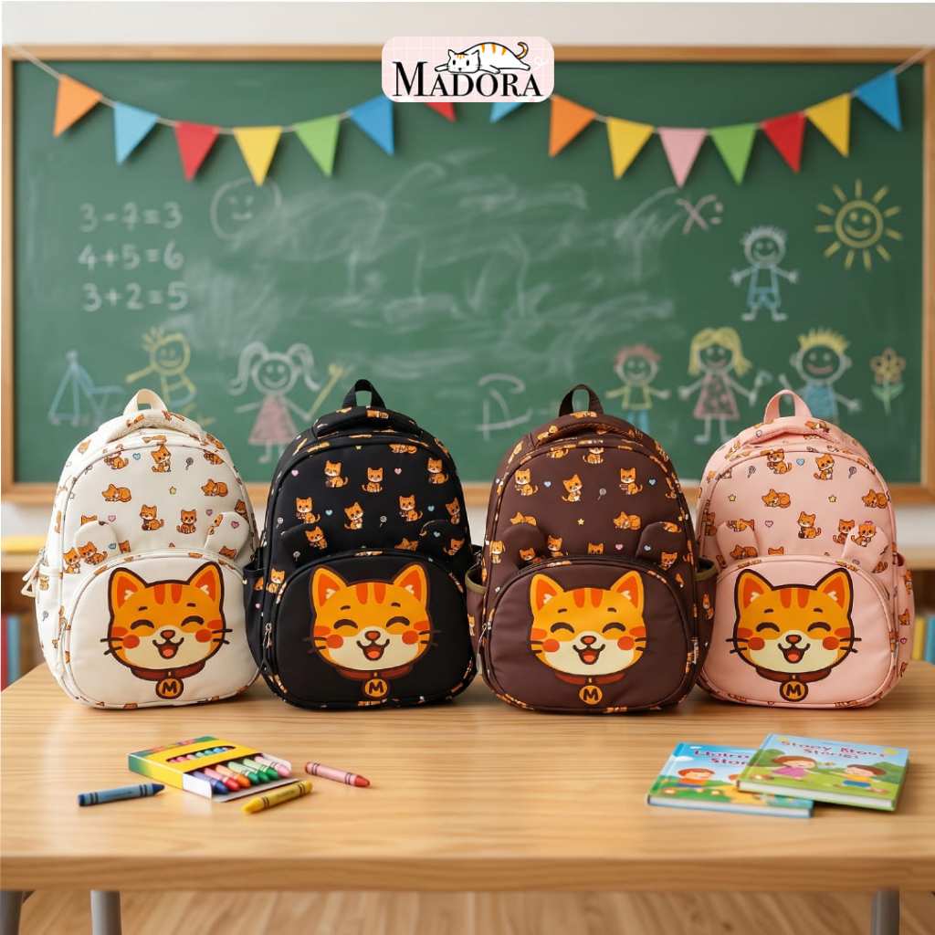 Madora Tas Ransel Premium Anak PAUD TK SD Motif Kucing Lucu Backpack Sekolah Anti Air Kapasitas Besa