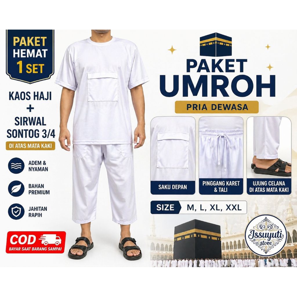 Paket Umroh Satu Stel Celana Sirwal /Celana Pangsi Dan Kaos Umroh Saku Depan Premium Muali Size M. L