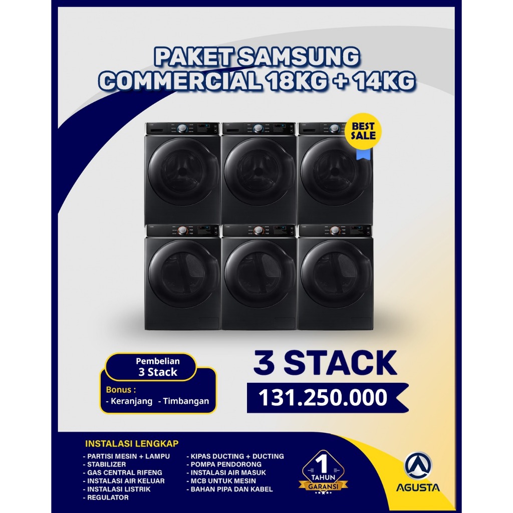 Washer Samsung 18 kg & Dryer Samsung 14 Kg Commercial Laundry stack Non Koin