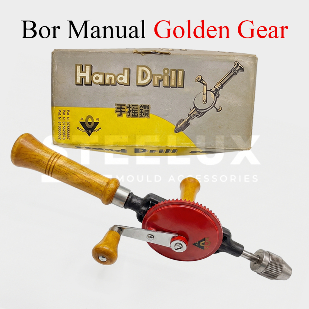 Bor Tangan Manual Golden Gear 2 Gigi Hand Drill 3/8" 9.5mm Gagang Kayu Jadul Antik 10mm