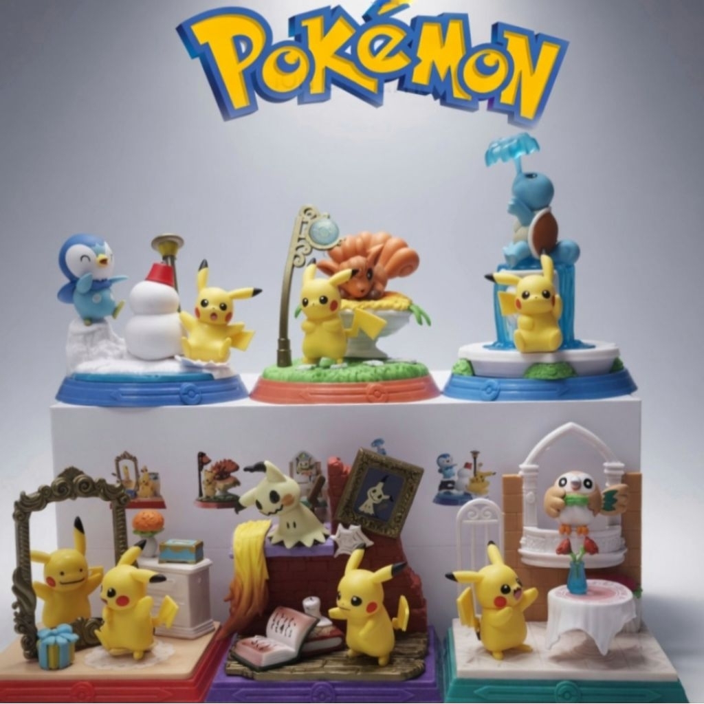 pokemon pikachu piplup mimikyu squirtle ditto Rowlet vulpix figure diorama model re-ment