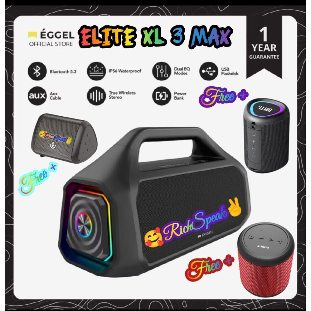 EGGEL ELITE XL 3 MAX SPEAKER BLUETOOTH PORTABLE WITH 3 WAY AUDIO SYSTEM