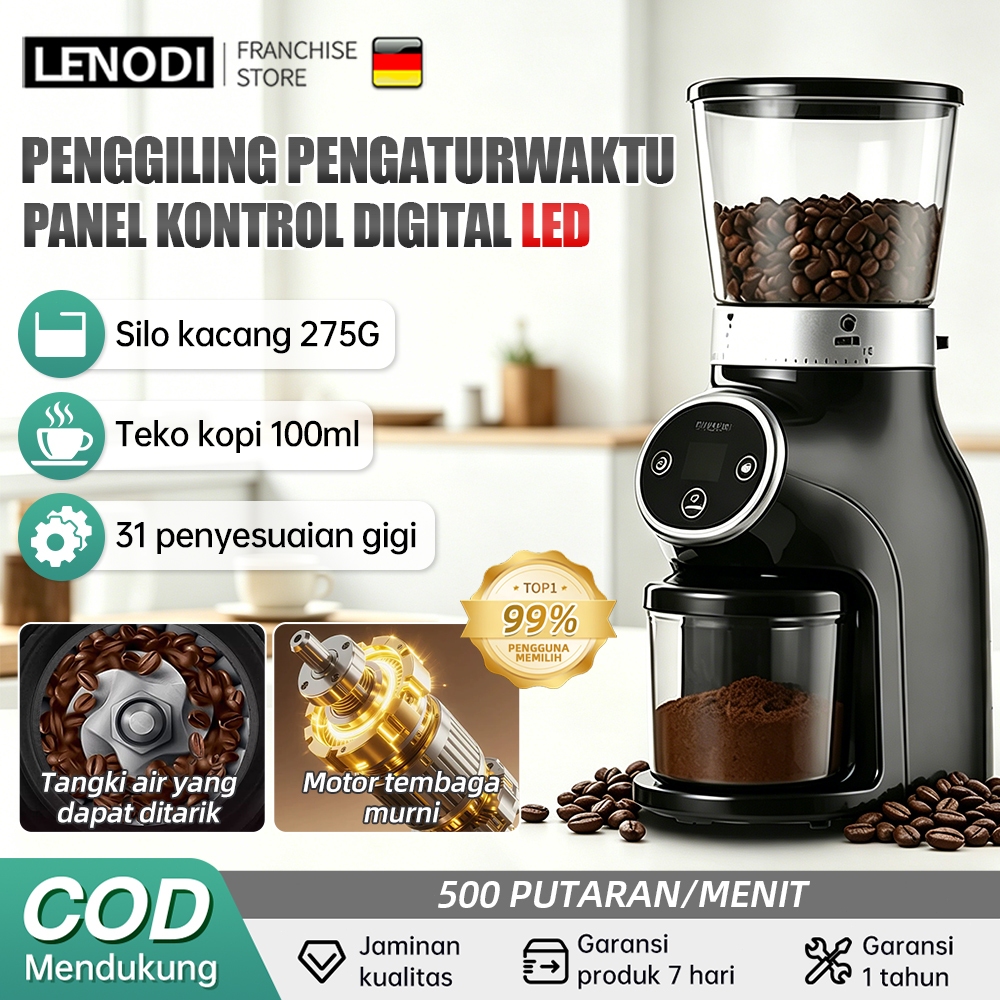 LENODI Penggiling Kopi Pengatur Waktu Listrik Layar Digital Penggiling Kerucut Kapasitas Besar 31 Ra
