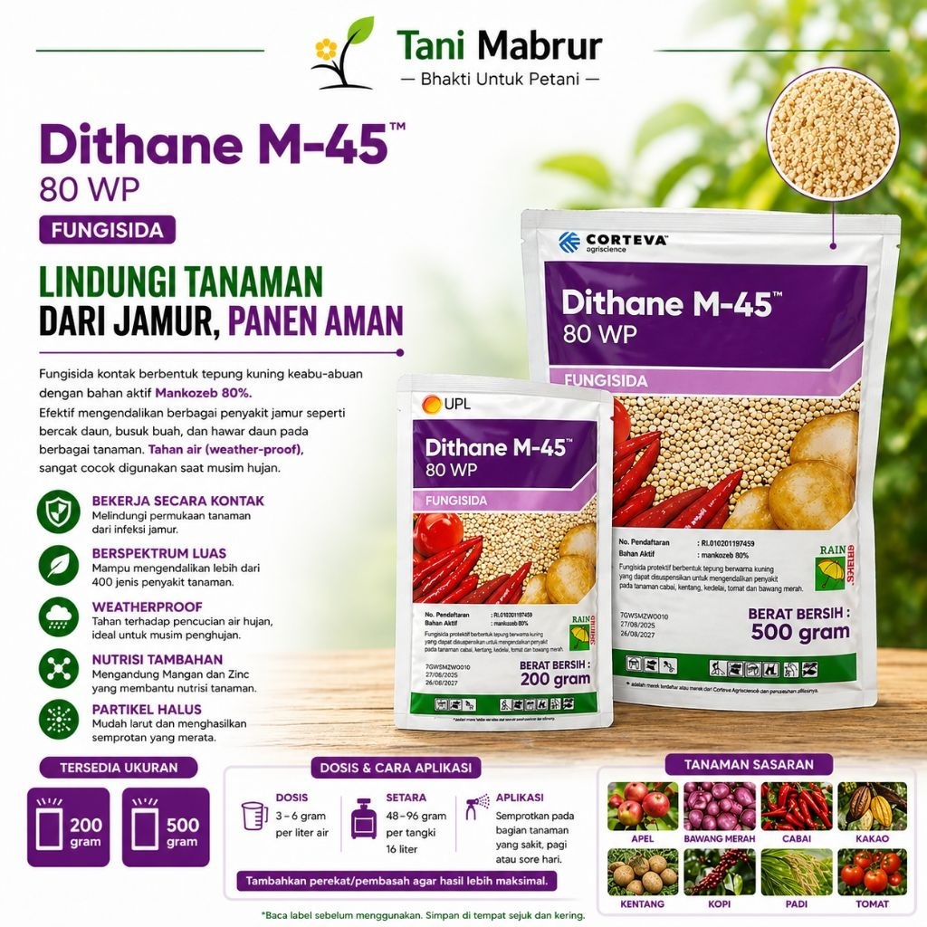 Fungisida Dithane M-45 80 WP 200g / 500 gram - Partikel Halus, Nutrisi Tambahan, Ramah Lingkungan UP