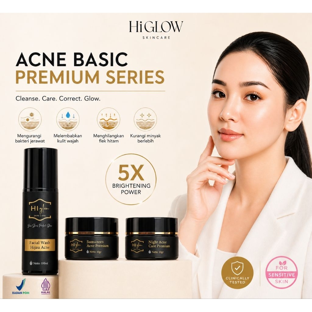 HI GLOW SKIN CARE ACNE  PREMIUM SERIES | PAKET SKINCARE JERAWAT BPOM – MENCERAHKAN, ANTI MINYAK & FL