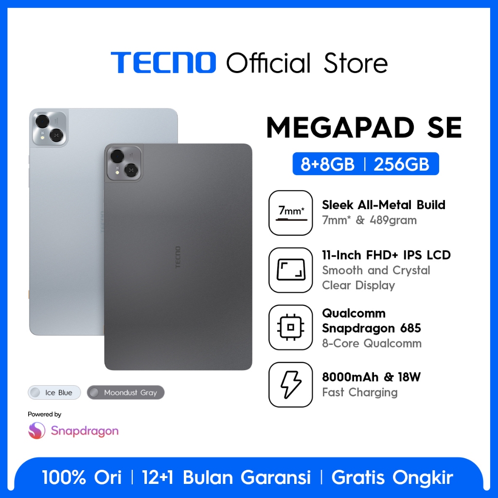 TECNO MEGAPAD SE 8+8GB*256GB, Qualcomm Snapdragon 685, 8000mAh, Hybrid Sim-Card, 11inch Eye Care FHD+, TECNO AI, 4 speaker Dolby Atmos - megapadse - Gambar 2
