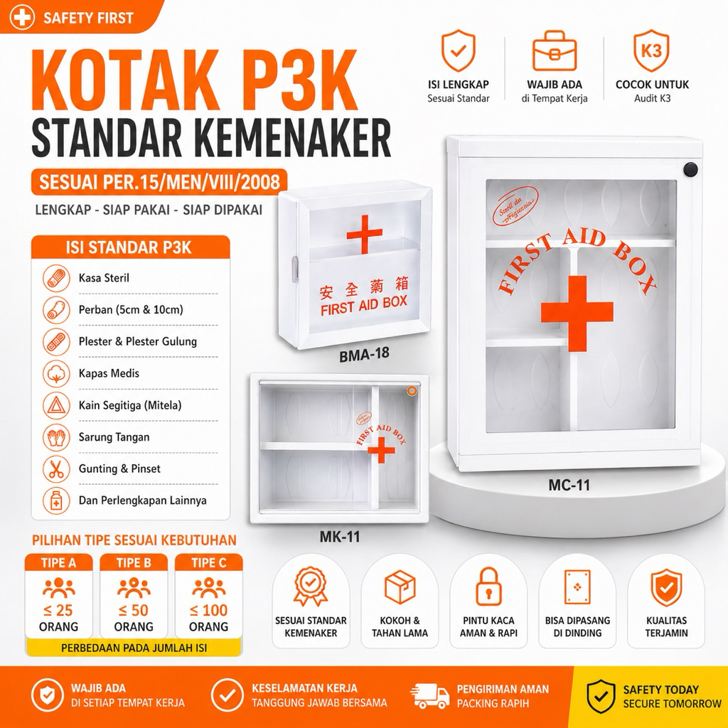 Kotak Obat P3K + Isi Obat Type B / First Aid Box Kit / Kotak P3K Dinding