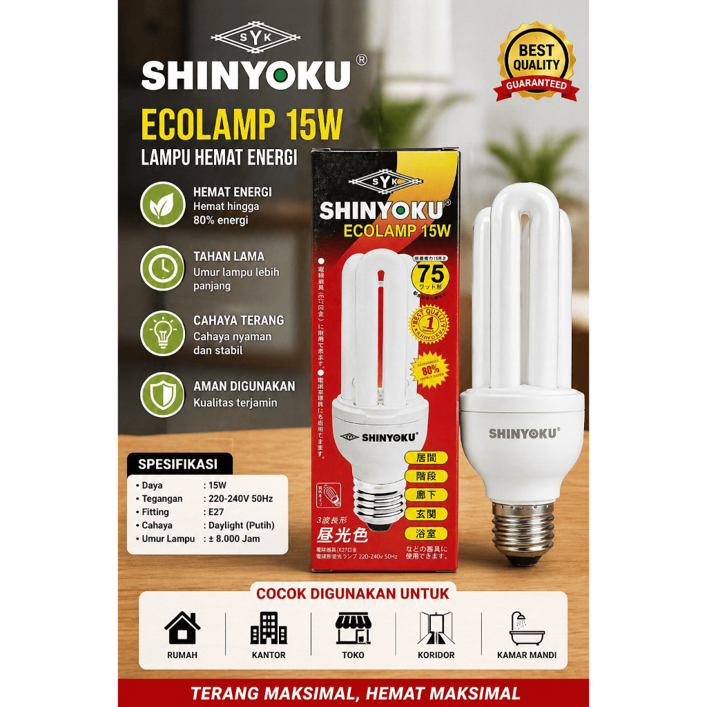 Lampu Hemat Energi Shinyoku Ecolamp 15W E27 | Lampu Spiral Terang Awet 220V