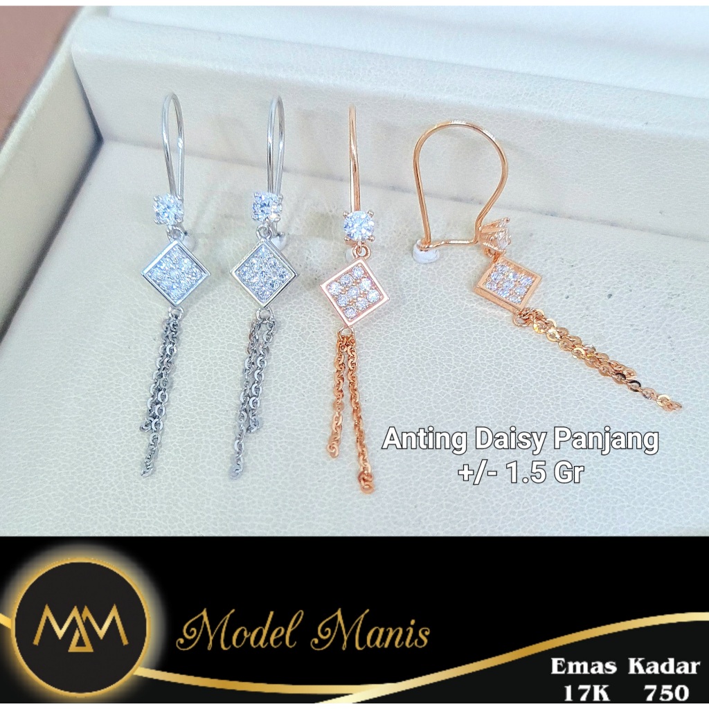 Model Manis Gold - Anting Daisy Panjang Wajik Putih Rosegold - Emas 17k 750