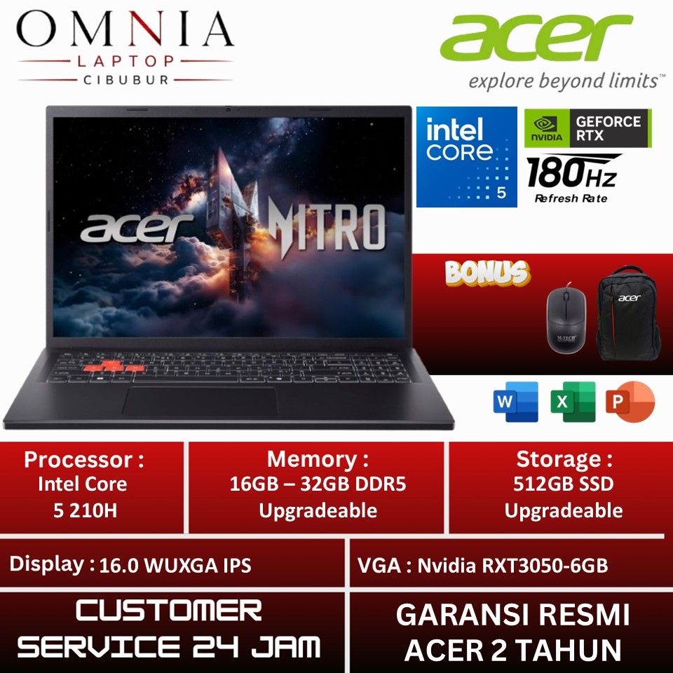 Acer Nitro Lite 16 NL16 71G Core I5 210H 16Gb Ddr5 512Gb RTX3050-6Gb 180Hz 100SRGB Windows 11