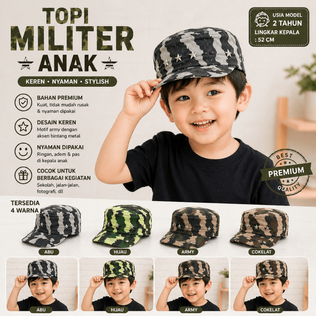 Topi Anak Army Laki Laki Loreng Usia 1 2 3 Tahun Keren Velcro - Topi Anak Keren Banyak Motif Bisa Pi