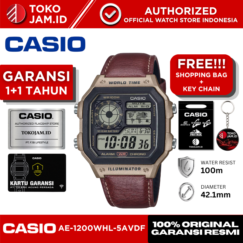 Jam Tangan Pria Casio AE-1200WHL-5AVDF Original Digital World Time Brown Leather Strap LED Alarm Sto