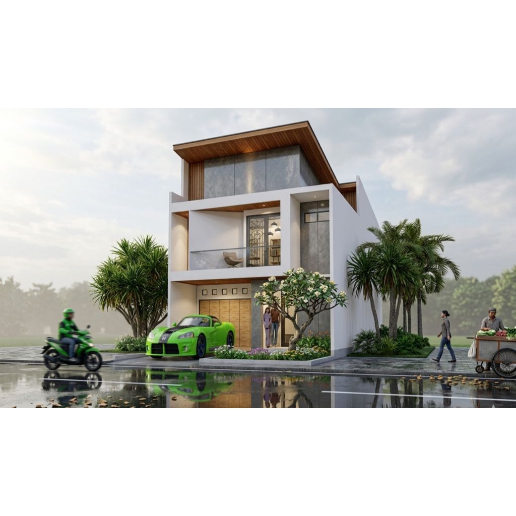 Paket Desain rumah minimalis modern 2Lt, ukuran LB (8x14),LT(8x24), 4 kamar tidur, gambar 3D eksteri