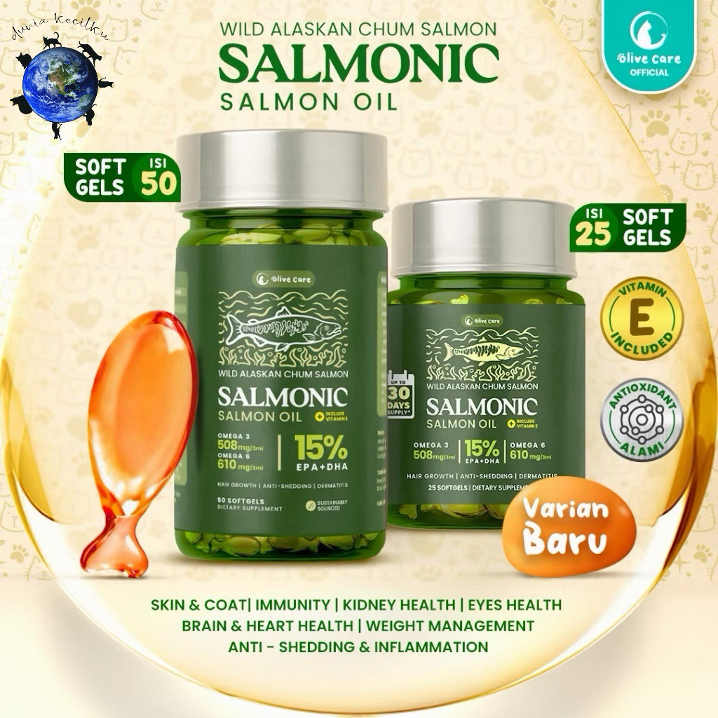 Olive Care Vitamin Minyak Ikan Kucing SALMONIC Murni & Alami Non-GMO Tinggi Omega 3 EPA DHA Omega 6 